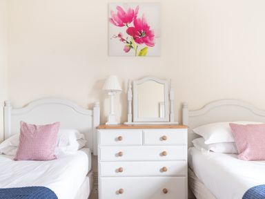 A bedroom with two single beds pink pillows a white dresser with a mirror and lamp and flower painting above at Greenhowes in Graythwaite near Hawkshead