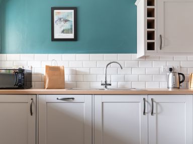 A kitchen countertop with a microwave paper bag sink and electric kettle under a framed picture at Bassicks in Hawkshead
