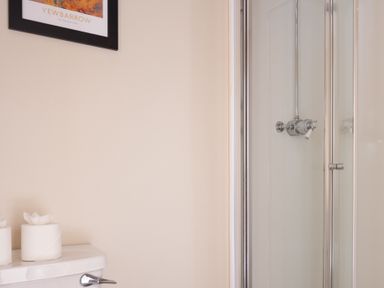 A bathroom corner with a toilet top holding two rolls of tissue next to a glass shower door at Bassicks in Hawkshead