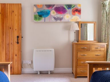 A wooden chest of drawers with a mirror and lamp next to a wooden door and a wall heater in a bedroom at Bassicks in Hawkshead