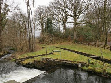 A river flowing next to grassy banks and trees with a stone retaining wall at Hilltop in Graythwaite near Hawkshead