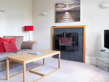 A living room with a sofa red cushions a wooden coffee table a wall-mounted fireplace a red lamp and a TV on a glass stand at Mill Cottage in Graythwaite near Hawkshead