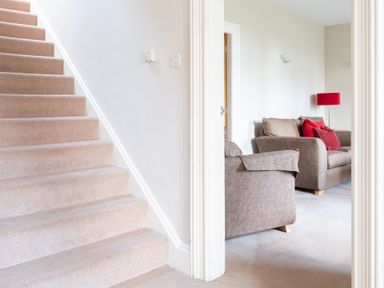 A beige carpeted staircase next to a living room with two fabric sofas and a red lamp at Mill Cottage in Graythwaite near Hawkshead
