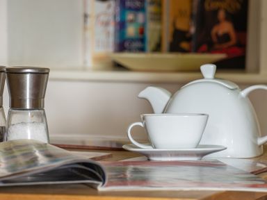 A white teapot and cup with saucer on a table next to salt and pepper shakers with an open magazine at Mill Cottage in Graythwaite near Hawkshead