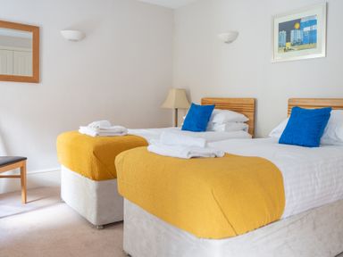 A bedroom with two single beds with yellow blankets and blue pillows at Mill Cottage in Graythwaite near Hawkshead