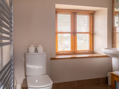 A bathroom with a toilet, sink, window with wooden blinds, and a towel radiator at Mill Cottage in Graythwaite near Hawkshead