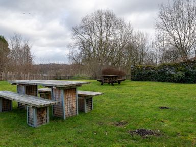 A grassy garden area with wooden picnic tables patches of bare soil a stone wall and leafless trees at Mill Cottage in Graythwaite near Hawkshead