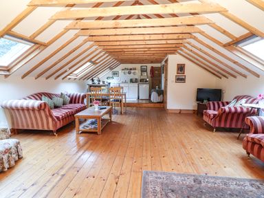 An attic living room with wooden floors wooden beams striped sofas a coffee table dining table and a kitchenette at Mrs Delaney's Loft in Ardfinnan near Clonmel County Tipperary