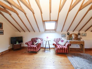 An attic room with two striped armchairs a small table between them a wooden dresser with a mirror and a TV on a stand at Mrs Delaney's Loft in Ardfinnan near Clonmel County Tipperary