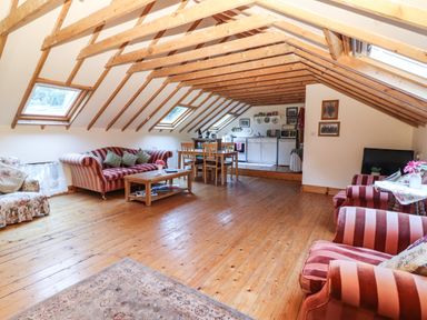 An attic living space with wooden beams sofas dining table and kitchenette at Mrs Delaney's Loft in Ardfinnan near Clonmel County Tipperary