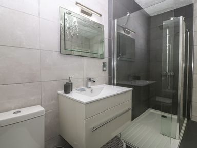 A bathroom with a toilet sink with a cabinet mirror and glass-enclosed shower at Morolwg in Llanaber near Barmouth