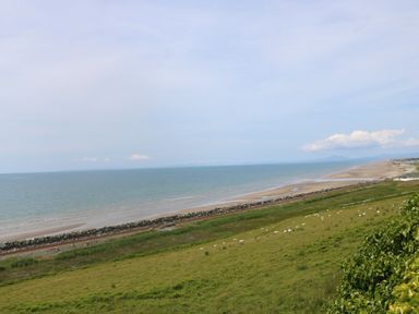 A coastal landscape with a green field and grazing sheep near a beach at Morolwg Llanaber near Barmouth