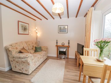 A living room with a floral sofa a small fireplace a television a wooden dining table with flowers and a window with curtains at Woods Edge in Mitcheldean