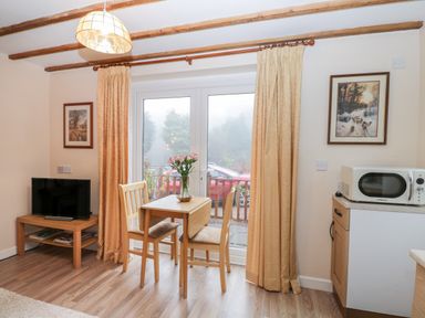 A dining area with a small wooden table and two chairs beside glass doors with curtains a TV on a wooden stand and a microwave on a countertop at Woods Edge in Mitcheldean