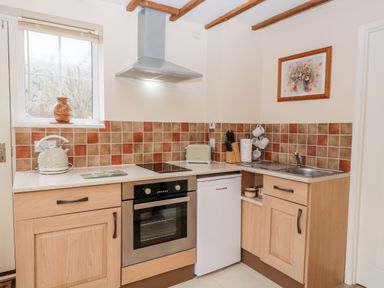 A kitchen with wooden cabinets oven fridge sink kettle toaster and a wall painting at Woods Edge in Mitcheldean