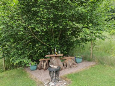 An outdoor seating area with wooden benches and table made from tree stumps under a large leafy tree with two flower pots and a fire pit in the foreground at Woods Edge in Mitcheldean