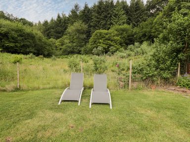 Two lounge chairs on a grassy lawn with a wire fence and trees behind at Woods Edge in Mitcheldean