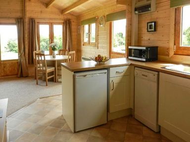 A kitchen and dining area with a small refrigerator microwave dishwasher and a round table with four chairs at Pennylands Willow Lodge Broadway