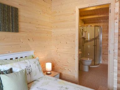 A bedroom with a bed pillows a bedside table with a lamp and an open door showing a bathroom with a shower and toilet at Pennylands Willow Lodge Broadway
