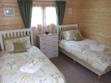A bedroom with two single beds a chest of drawers and curtains at Pennylands Willow Lodge in Broadway