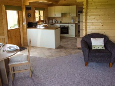 A kitchen and seating area with wooden walls a round dining table and a single armchair at Pennylands Willow Lodge Broadway