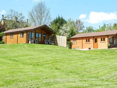 Two wooden lodges with chairs outside on a lawn with trees in the background at Pennylands Willow Lodge in Broadway