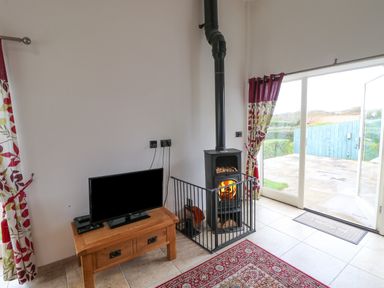 A small television on a wooden table beside a wood stove with a fire inside and a rug on the floor at Mallard Cottage in Whitby