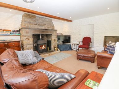 A living room with leather sofas fireplace and a television at Farrier's Cottage in Garsdale