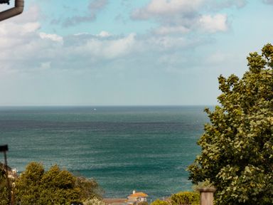 A view of the sea with trees and rooftops in the foreground at Nectan in Mevagissey