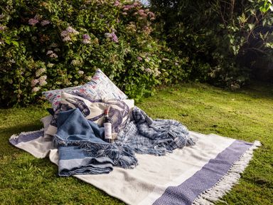 A blanket with pillows and a bottle of wine on grass near bushes at Nectan in Mevagissey