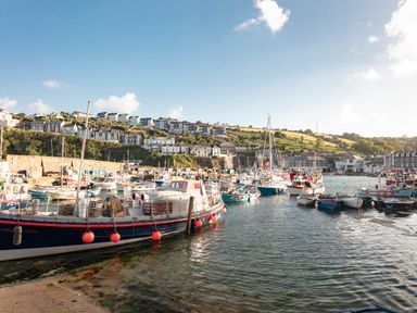 A harbor with multiple boats docked and houses on a hillside at Nectan in Mevagissey