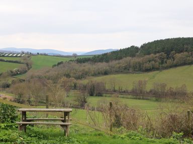 A wooden bench overlooking green fields trees and hills at The Well House Apartment in Watchet