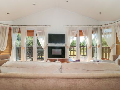 A living room with sofas a coffee table a wall-mounted TV and fireplace with glass doors and light curtains at Bramley Lodge in Hewish near Weston-super-Mare