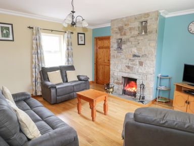 A living room with gray sofas a wooden coffee table a stone fireplace and a television at Tieve Baun in Ballintrillick near Kinlough County Sligo