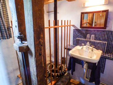 A bathroom with a white sink a mirror above and wooden beams at The Mill in Bicknoller