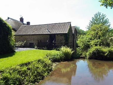 A stone building with a tiled roof near a pond with green grass and trees surrounding it at The Mill in Bicknoller