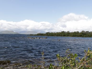 A lake with rocky shore and vegetation with trees in the background and hills under a partly cloudy sky at Lough Mask Road Fishing Lodge in Ballinrobe County Mayo
