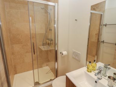 A bathroom with a glass shower enclosure a toilet and a sink with soap dispensers at Berlin House in Tenby
