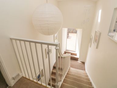 A staircase with beige carpet and white railing leading to a door opening to a wooden deck at Berlin House in Tenby