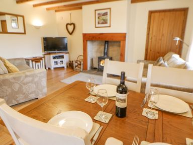 A dining table set with plates glasses and a bottle of wine in a living room with sofas a fireplace and a television at The Barn Cottage Steel near Hexham