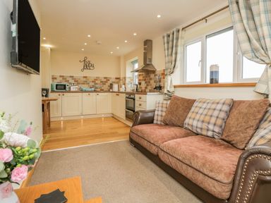 An open plan living room and kitchen with a brown and plaid sofa a wall mounted tv and kitchen cabinets with tiled backsplash at Snowdrop Cottage in Aldingham