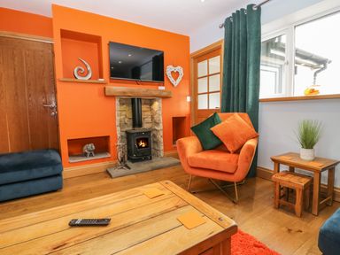 A living room with an orange wall a fireplace and a mounted television at Bluebell Cottage in Aldingham