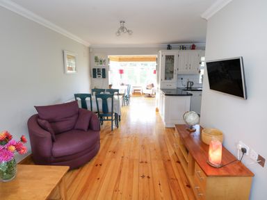 A living area with a purple armchair a dining table and chairs a wooden floor and a mounted TV at Teach Teolai in Carraroe County Galway