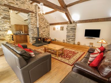 A living room with two brown leather sofas red cushions a wooden coffee table a red patterned rug a stone fireplace and a wall-mounted television at Hendoll Barn Friog near Fairbourne