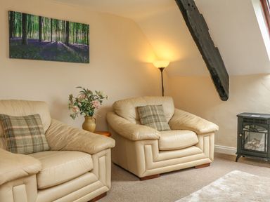 A sitting area with two beige leather armchairs with plaid cushions a side table with a vase of flowers a floor lamp a painting of a forest on the wall and a small electric stove at Fig Trees - Wibble Farm in Williton near Watchet