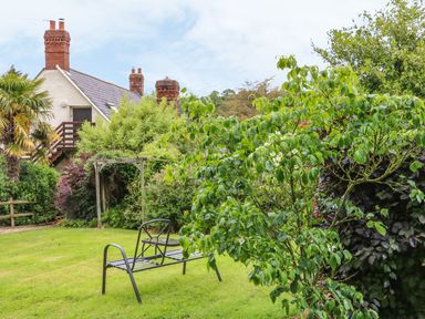 A backyard with a metal bench on grass and various trees and shrubs at Fig Trees Wibble Farm in Williton near Watchet