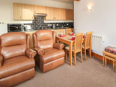 A kitchen and dining area with two brown leather armchairs and a wooden dining table set at Swallow Cottage in Milton near Brampton