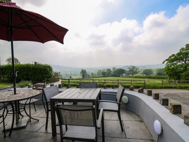 An outdoor patio with a table and chairs under a red umbrella overlooking a grassy field and trees at Aberdauddwr in Lampeter
