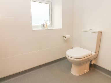 A bathroom with a toilet a toilet paper holder and a window with toiletries on the sill at Rosemary Cottage in Clawthorpe near Burton-in-Kendal