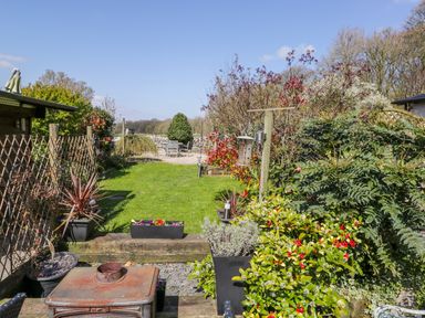 A garden with a lawn, various plants, a bird feeder, wooden seating, and a stone wall at Rosemary Cottage in Clawthorpe near Burton-in-Kendal